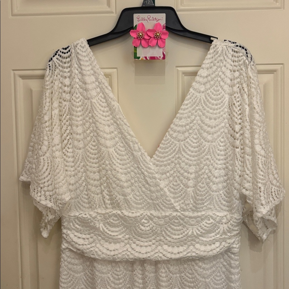 Parigi Resort White shell Lace maxi Dress with pink orchid earrings bundle NWT - Picture 2 of 10
